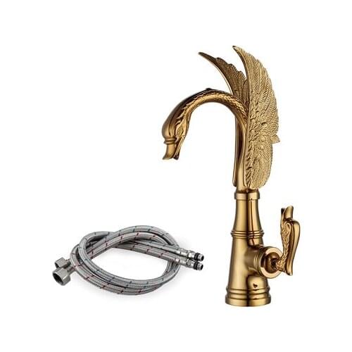 Free ship Gold finish PVD bathroom wash basin sink swan mixer faucet Single hole deck mounted swan handle tap