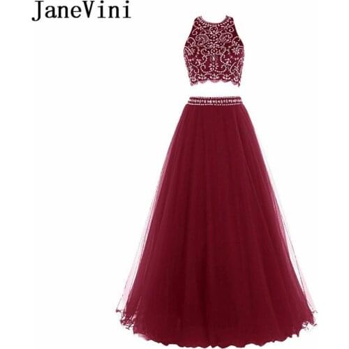 JaneVini Shiny Crystal 2 Pieces Prom Dress Long Luxury Beaded Halter Burgundy Bridesmaid Dresses Sleeveless A Line Party Gowns