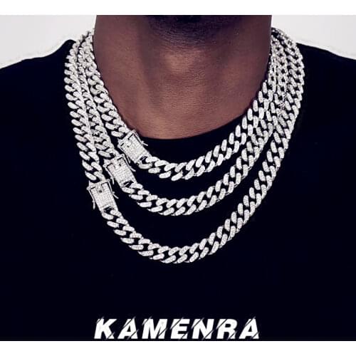 European and American Hip Hop Diamond 12mm Cuban Chain Mens Necklace Miami Rapper Hip Hop Nightclub Trendy Men and Women Choker
