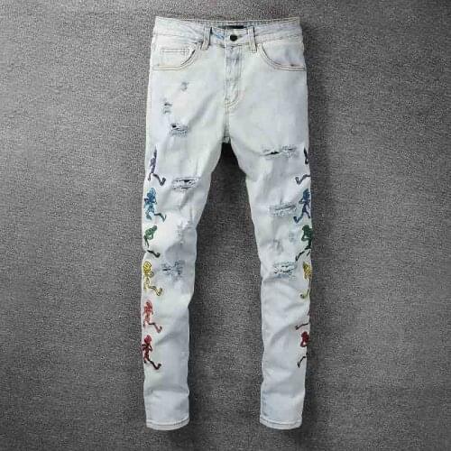 High Street Men Ripped Embroidery Jeans Washed Streetwear Hip Hop Denim Trousers for Male