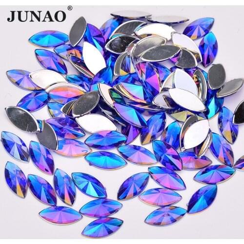 JUNAO 100pcs 7x15mm Dark Blue AB Horse Eye Acrylic Rhinestones Flatback Non Hot Fixation Crystals Stones For Clothes Crafts