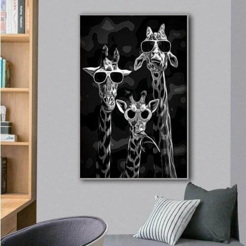 Funny Wearing Glasses Giraffes Family Canvas Painting Black Animals Posters and Prints Wall Art Picture for Living Room Decor