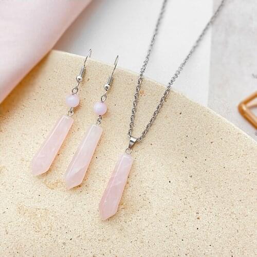 Pink Crystal Necklace Earrings Stainless Steel Jewelry Sets for Women Natural Stone Jewellery Set Fashion Wedding Party Sets