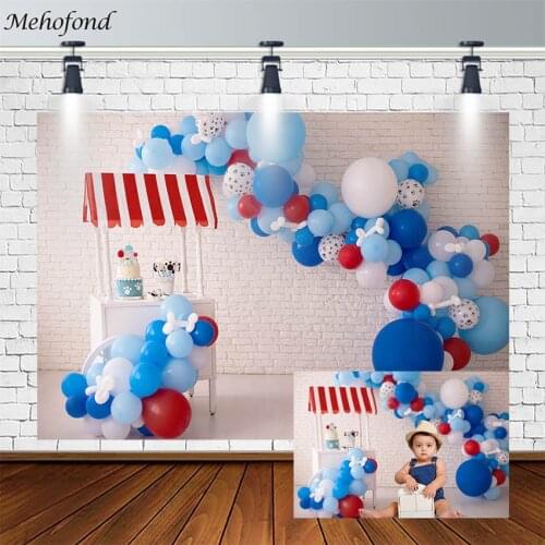 Mehofond Birthday Party Cake Smash Backdrop Blue Balloon Puppy Paw Photography Background Photo Studio Photozone Photocall Decor