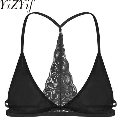 Mens Sissy Lingerie Lace Bra Tops Exotic Mesh See Through Sheer Lace Y-shape Back Wire-free Unlined Triangle Bralette Bra Top