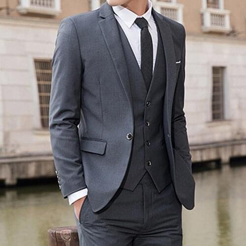 2020 Men Solid Color Lapel Collar Coat Vest Long Pants Business Wedding Slim Suit Set Blazer+Pants +vest Suit Men 3 Pcs fitness