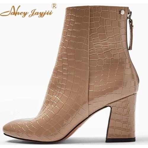 Nude Crocodile Print Round Toe High Chunky Heel Zipper Ankle Boots Large Size 45 46 Woman Booties Shoes Casual Winter Warm Plush