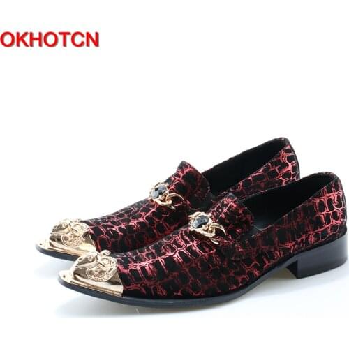OKHOTCN Chaussure Homme Italian Shoes Men Velet Print Leather Red Wedding Shoes Dress Slippers Metal Pointed Toe Mens Suit Shoes