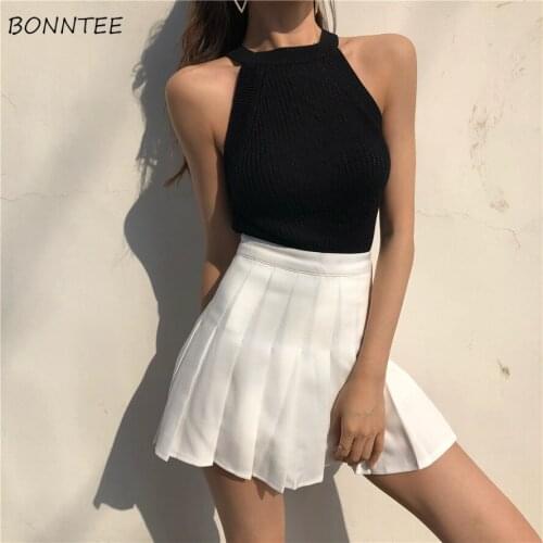 Pleated Skirts Womens Summer Solid White Black High Waist Females Short Sexy Mini Skirt Ladies A-line Party Students Sundress