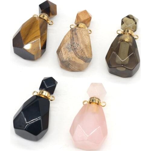 Natural Perfume Bottle Stone Pendant Necklace Crystal Agates Picture Stone Essential Oil Diffuser Stone Charm for Jewelry Making