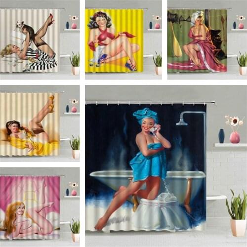 Sexy Woman Bathtub Bathe Shower Curtain America Girl Oil Painting 3D Bathroom Wall Hanging Curtains Waterproof Hook Screen Decor