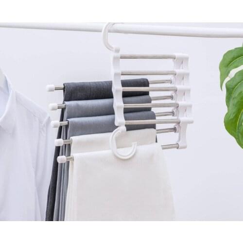 Hangable five-in-one anti-wrinkle magic pants rack multi-function telescopic stainless steel drying pants rack double hook