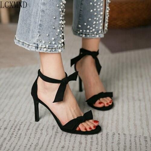 High Quality Sandals Women 2021 New Strappy Black High Heel Sandals Sexy Stitch Heels Noble and Elegant Large Size 4