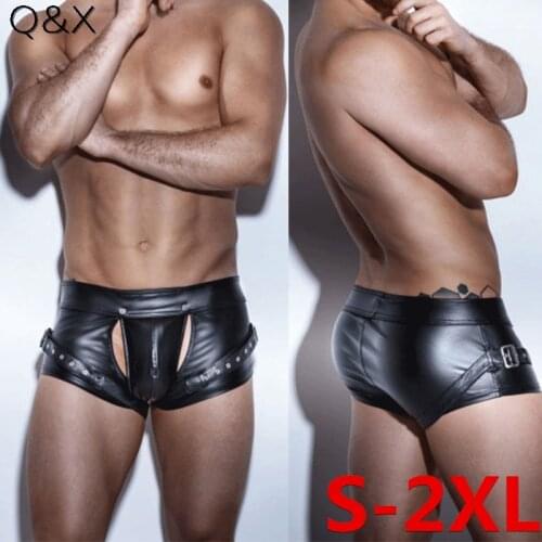XX91 2018 Sexy Panties Faux Leather Four Boxer Shorts Sexy Open Crotch Bodysuit Short Panties Lingerie Men Underwear