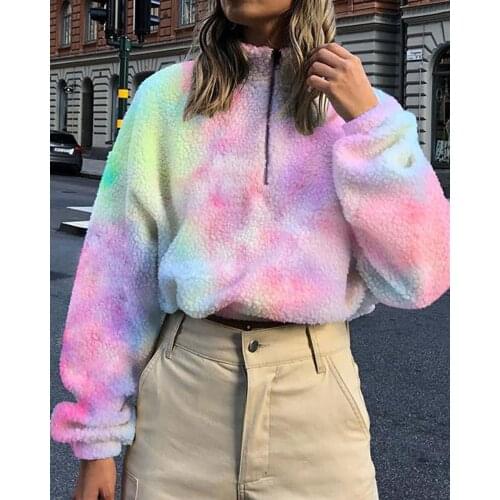 2020 Womens Short T-Shirt Top Fashionable Velvet Hody Loose High Neck Long Sleeve Autumn Zip Tie Dye Sports Top Clothes Hot