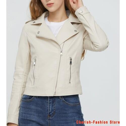 New Arrival 2021 brand Winter Autumn Motorcycle leather jackets Beige leather jacket women leather coat slim PU jacket Leather