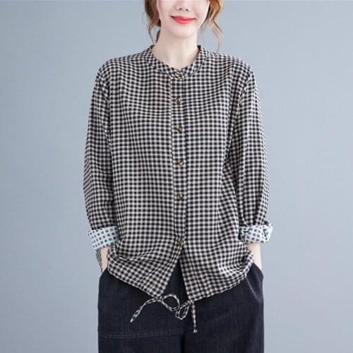 Women Cotton Linen Casual Shirts New 2021 Autumn Vintage Style Stand Collar Plaid Loose Female Long Sleeve Tops Shirt B1062