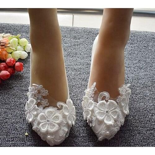White lace woman wedding shoes handmade plus size 41 42 sweet laces pumps shoes womens med heel low high heel bridal shoes