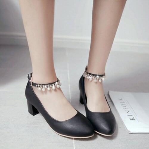 Big Size 11 12 13 14 ladies high heels women shoes woman pumps Buckle beads with sharp head, shallow mouth and thick heel