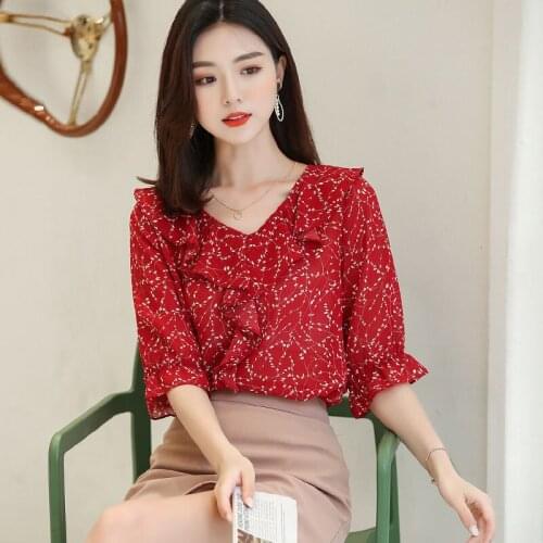 Women Spring Summer Style Chiffon Blouses Shirts Lady Casual Short Flare Sleeve Flower Printed Blusas Tops ZZ0589