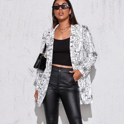 Cartoon Beauty Face Print White Blazer Women Jacket High Street Fashion 2021 Spring Plus Size Elegant Lady Coat American Stylish