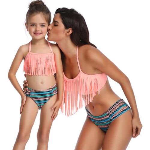 Family Matching Swimsuit Momy and Me Clothes 2 Pieces Family Set Fashion Tassel Swimwear Women High Waist Bikini Matching Outfit