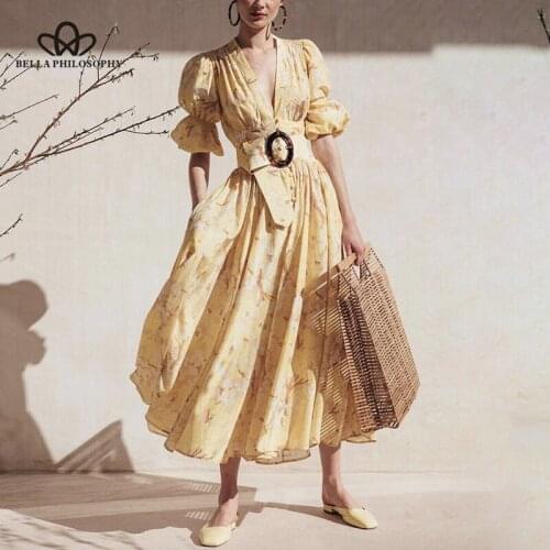 Bella Philosophy Summer Casual Print Women Dress V Neck Puff Sleeve High Waist Shirt Dress Female 2019 New Clothing Tide