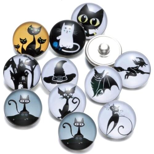 12pcs/lot Cute Art Cats Pattern Charms 18mm Glass Snap Button For DIY Bracelet Snaps Jewelry KZ0376