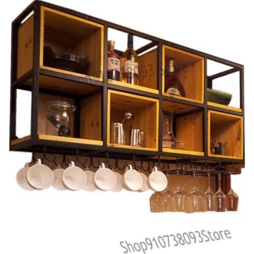 American Rural Industrial Wind Iron Art Solid Wood Bar Wall Hanging Wine Rack Restaurant Display Creative Hanging Wine Glass Rac