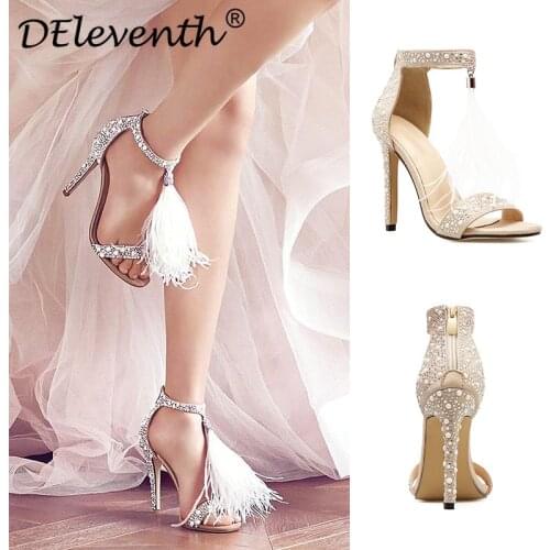 Women Sandals Summer Ladies Round Toe Sequined Cloth 11.5CM Thin High heels Slip On ZIP Rhinestones Bling women shoes size 35-42