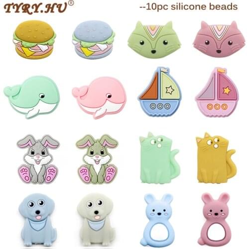 10Pcs Rabbit Cat Silicone Beads Cartoon Tortoise Rainbow Silicone Beads BPA Free Baby Pacifier Chain DIY Accessories Teether