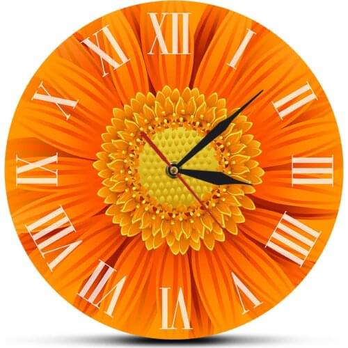 Gerber Deorative Clock With Roman Numerals Nature Close-up of beautiful Orange Daisy Flower Wreath Wall Art Modern Wall Watch