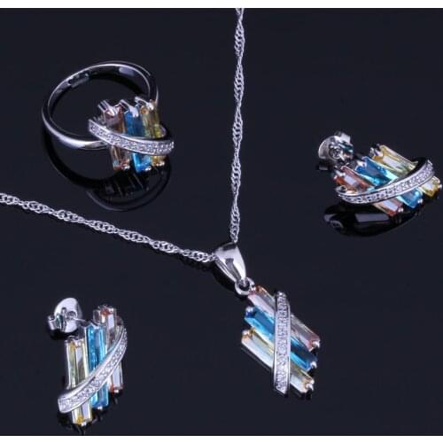 Divine Multigem Multicolor Yellow Cubic Zirconia Silver Plated Jewelry Sets Earrings Pendant Chain Ring V0968