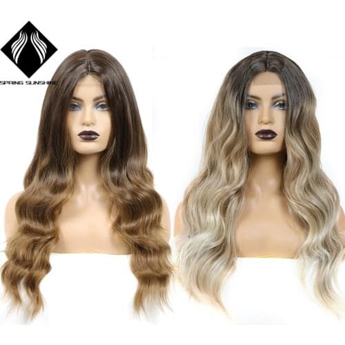 Long omber body wave Lace Front Synthetic Wigs for Women Layered Wave Hairstyles High Density Heat Resistant Wigs blond brown