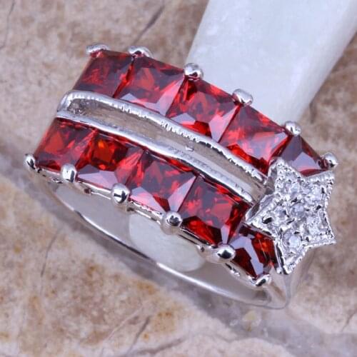 Classy Red Garnet Silver Plated Star Ring Size 6 / 7 / 8 / 9 R0206