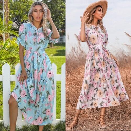 Summer fashion vacation big flower lotus edge holiday leisure big hem lace up dress