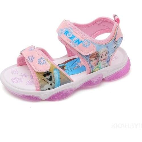 Summer Children LED Light Shoes Girls Sandals Disney Frozen Elsa Beach Soft Hollow Non-Slip Kids Breathable Cute Flat