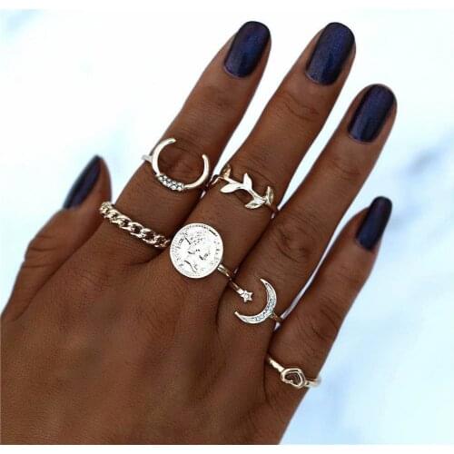 MIQIAO Silver Plated Lover Heart Moon Star Big Zircon Vintage Boho Jewelry 6 Rings Set for Women Girls Couple Lover Friends Gift