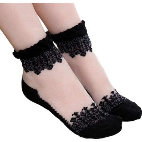 1Pair Women Lace Ruffle Ankle Sock Soft Sheer Silk Cotton Elastic Mesh Knit Frill Trim Transparent Womens Socks Drop Ship