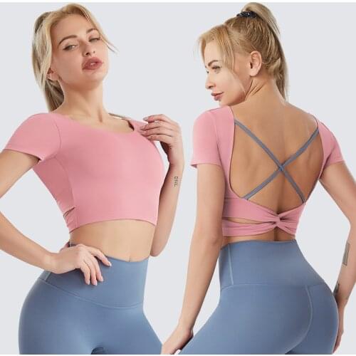 Yoga Clothes Beauty Back Short-Sleeved T-shirt nude Quick-Drying Women Sports Running Fitness Top Summer Wear with chest pad