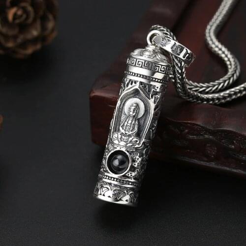 Real 925 Silver Color Tibetan Kuanyin Buddha Statue Pendant Necklace Buddhist Six Words Proverb Avalokitesvara Guanyin Pendant