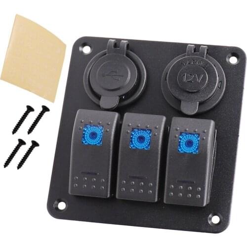 12~24V 3 Gang Switch Panel Circuit Breaker Protector Outlet with Blue LED Light +Dual USB Charge Port for Marine Boat Car