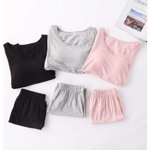 Modal New Nightie Homewear Two Piece Set Summer Women Pijama Pink/Gray Black With Chest Pad Lounge Pyjama Home Clothes