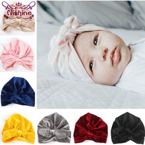 Nishine New Gold Velvet Turban Hat Kids Knot Ear Newborn Beanie Stylish Top Knot Caps Headwear Birthday Gift Photo Props