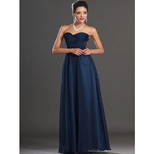 Navy Blue Evening Dresses A-line Sweetheart Chiffon Lace Beaded Long Dubai Saudi Arabic Evening Gown Prom Dresses