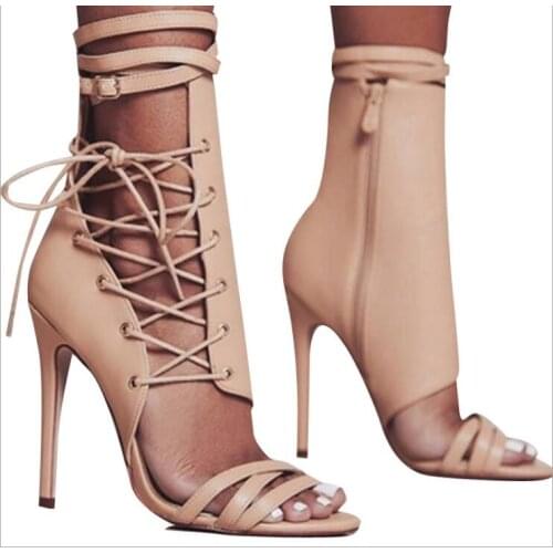 Roman Buckle Strap Shoes Women Sandals Sexy Gladiator Cross-Tied Lace Up Peep Toe High Heels Ankle Boots Black Stiletto sandals