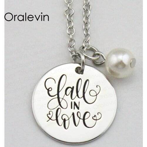 FALL IN LOVE Inspirational Hand Stamped Engraved Custom Creative Pendant Female Chain Necklace Gift Jewelry,10Pcs/Lot, #LN2063