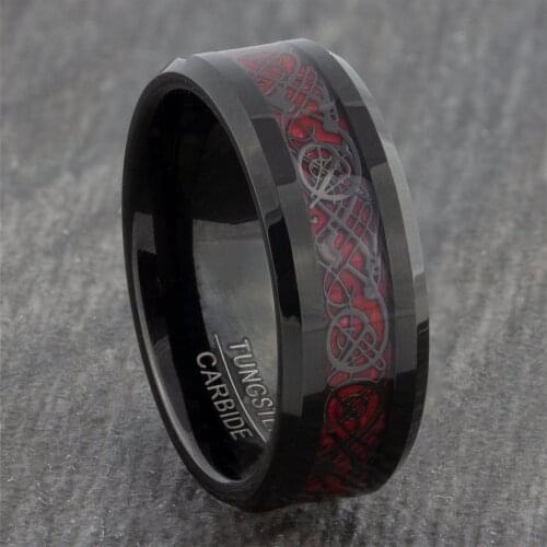 Vintage Black Celtic Dragon 8mm Mens Stainless Steel Ring with Red Carbon Fibre Inlay Wedding Band Womens Engagement Ring