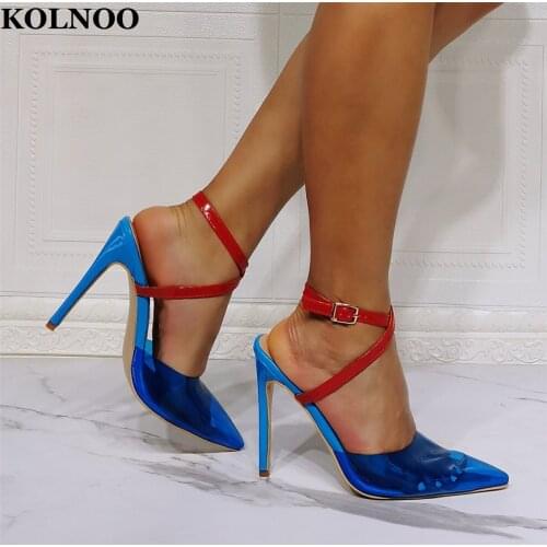 Kolnoo New Arrival Womens Handmade High Heels Sandals Red Cross Buckle Strap PVC Leather Large Size Fashion Evening Summer Shoes