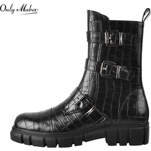 Onlymaker Round Toe Boots Low Heels For Women Metal Buckle Crocodile Print Patent Leather Ankle Boots Zipper Comfortable Big Siz